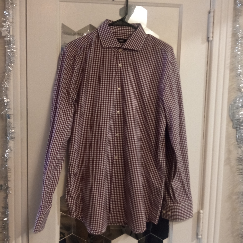 Hugo Boss Men's Burgundy and White Checkered Shirt